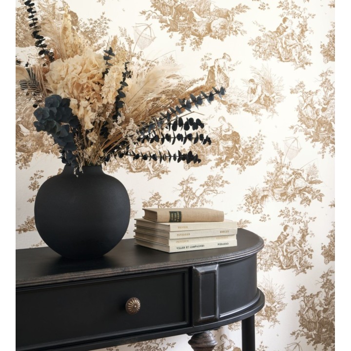 Papel pintado Toile de Jouy ocre fondo blanco roto estilo francés - Chambord 128334