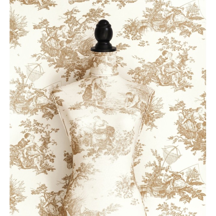 Papel pintado Toile de Jouy ocre fondo blanco roto estilo francés - Chambord 128334