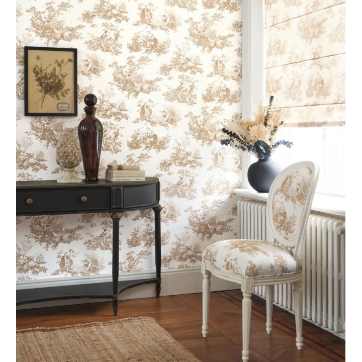 Papel pintado Toile de Jouy ocre fondo blanco roto estilo francés - Chambord 128334