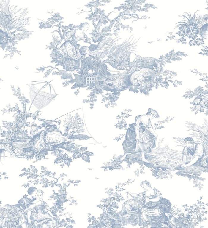 Papel pintado Toile de Jouy azul cielo fondo azul blanco estilo francés - Chambord 128335