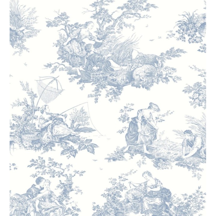 Papel pintado Toile de Jouy azul cielo fondo azul blanco estilo francés - Chambord 128335