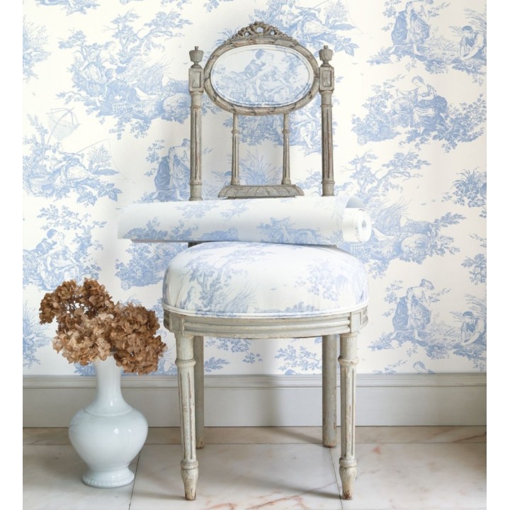 Papel pintado Toile de Jouy azul cielo fondo azul blanco estilo francés - Chambord 128335