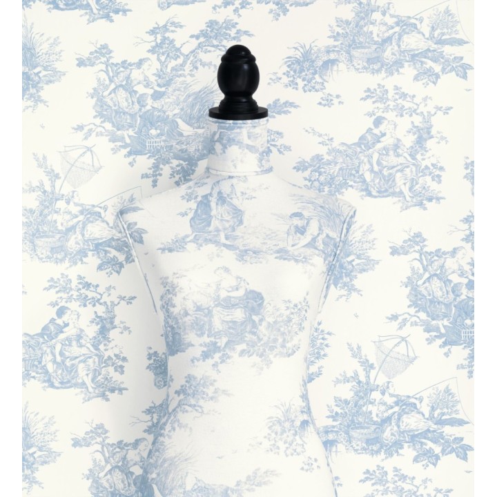 Papel pintado Toile de Jouy azul cielo fondo azul blanco estilo francés - Chambord 128335