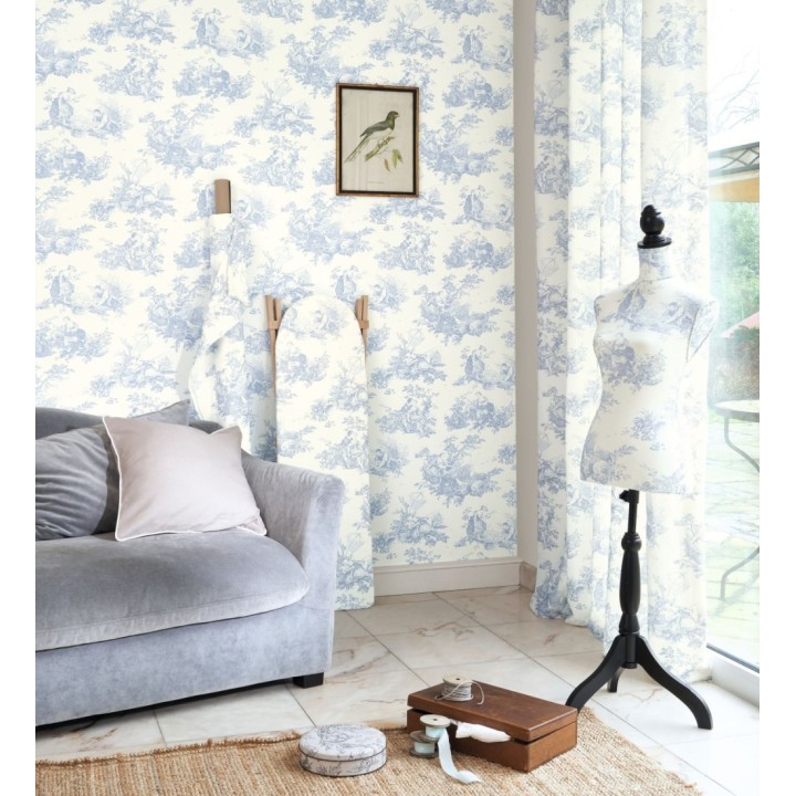 Papel pintado Toile de Jouy azul cielo fondo azul blanco estilo francés - Chambord 128335