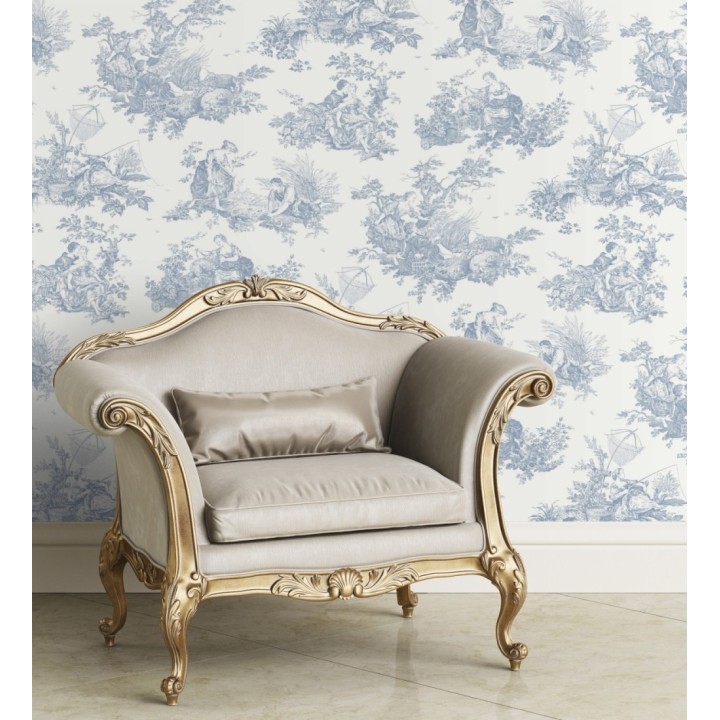 Papel pintado Toile de Jouy azul cielo fondo azul blanco estilo francés - Chambord 128335