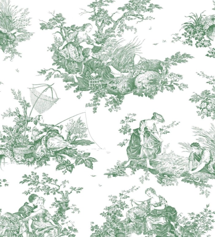 Papel pintado Toile de Jouy verde fondo blanco estilo francés - Chambord 128336