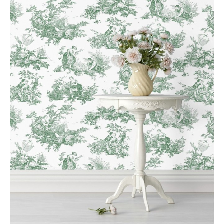 Papel pintado Toile de Jouy verde fondo blanco estilo francés - Chambord 128336