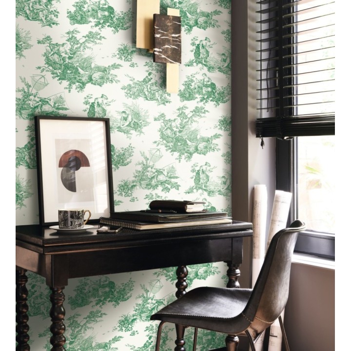 Papel pintado Toile de Jouy verde fondo blanco estilo francés - Chambord 128336