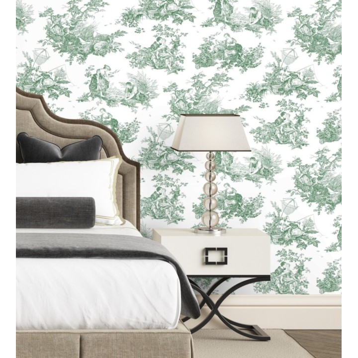 Papel pintado Toile de Jouy verde fondo blanco estilo francés - Chambord 128336
