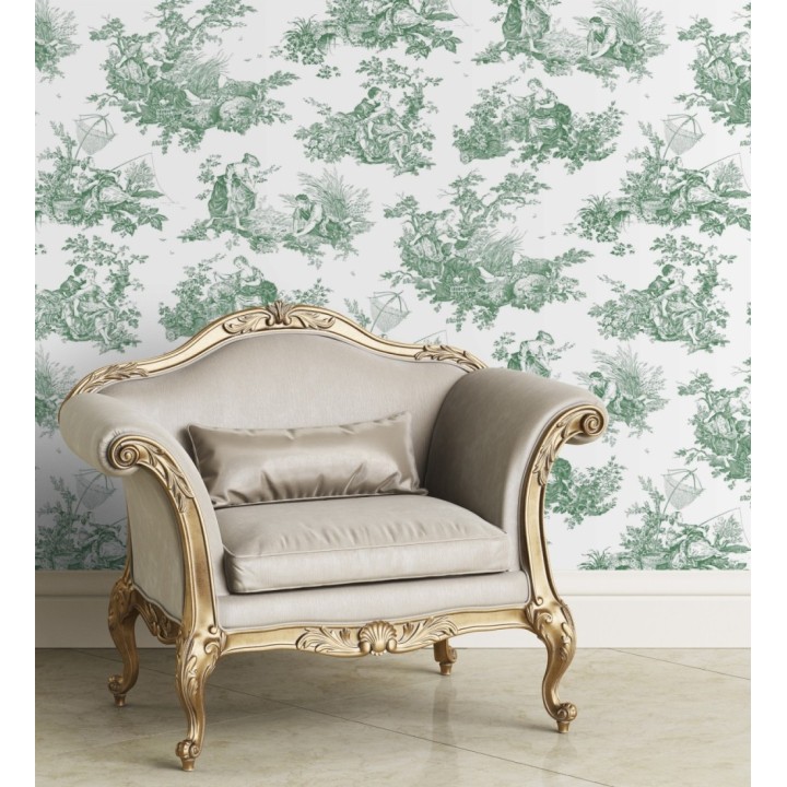 Papel pintado Toile de Jouy verde fondo blanco estilo francés - Chambord 128336