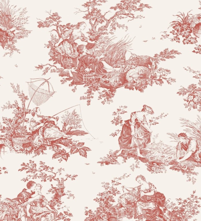 Papel pintado Toile de Jouy rojo burdeos fondo crema estilo francés - Chambord 128337