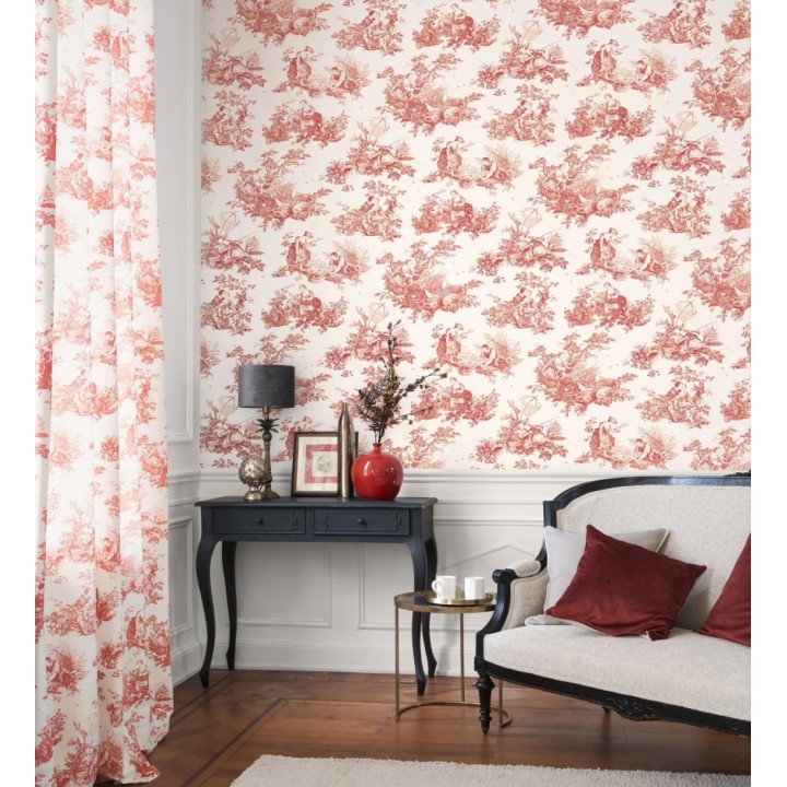 Papel pintado Toile de Jouy rojo burdeos fondo crema estilo francés - Chambord 128337