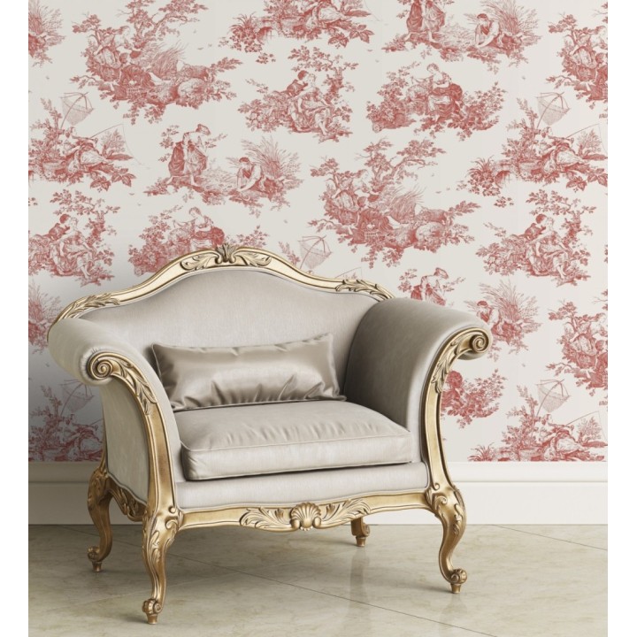 Papel pintado Toile de Jouy rojo burdeos fondo crema estilo francés - Chambord 128337