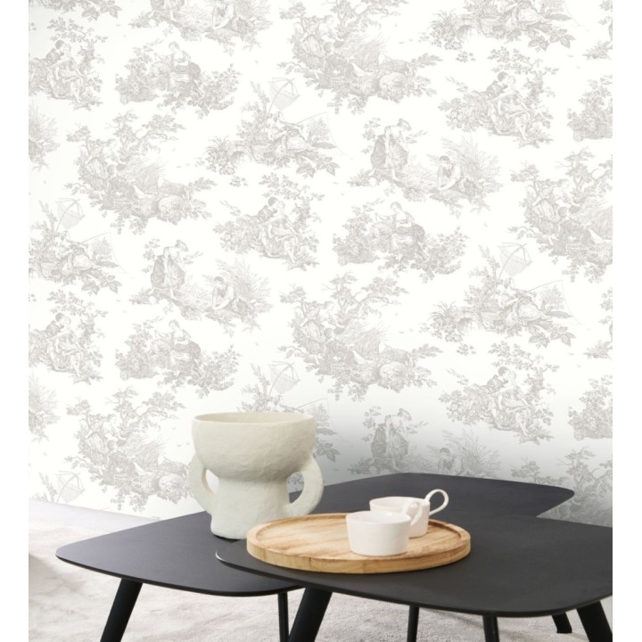 Papel pintado Toile de Jouy gris fondo blanco roto estilo francés - Chambord 128338