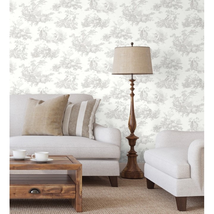 Papel pintado Toile de Jouy gris fondo blanco roto estilo francés - Chambord 128338