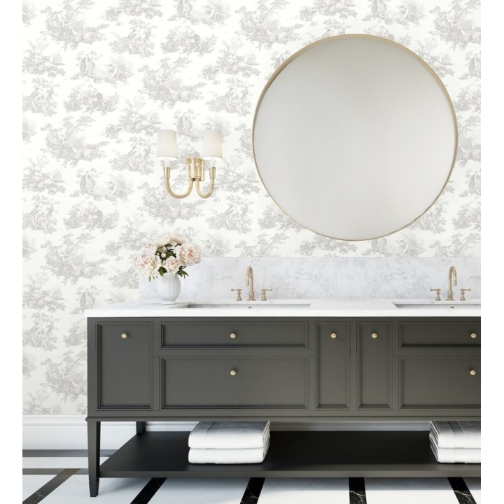 Papel pintado Toile de Jouy gris fondo blanco roto estilo francés - Chambord 128338