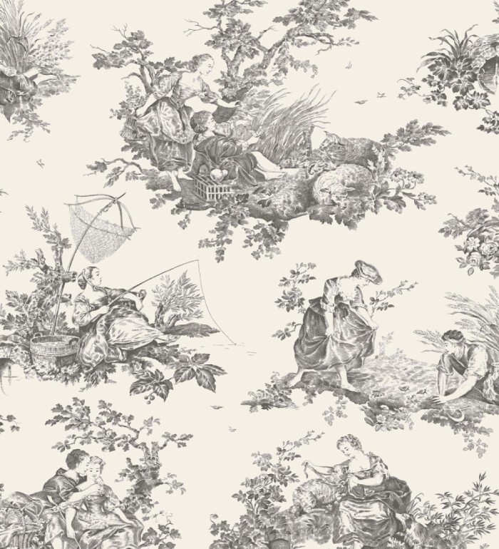Papel pintado Toile de Jouy gris carbón fondo beige claro estilo francés - Chambord 128339