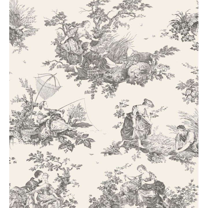Papel pintado Toile de Jouy gris carbón fondo beige claro estilo francés - Chambord 128339