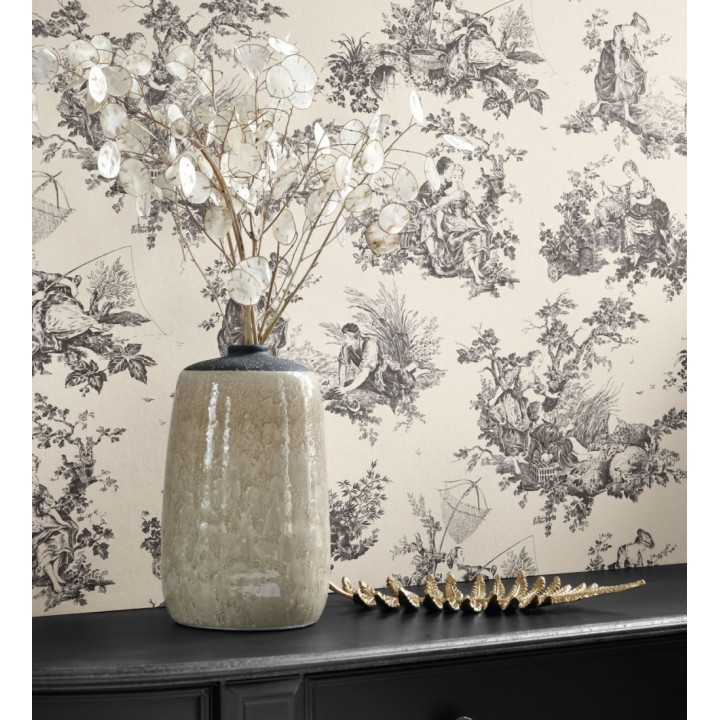 Papel pintado Toile de Jouy gris carbón fondo beige claro estilo francés - Chambord 128339