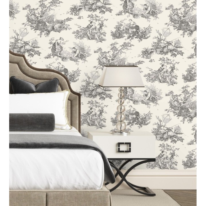 Papel pintado Toile de Jouy gris carbón fondo beige claro estilo francés - Chambord 128339