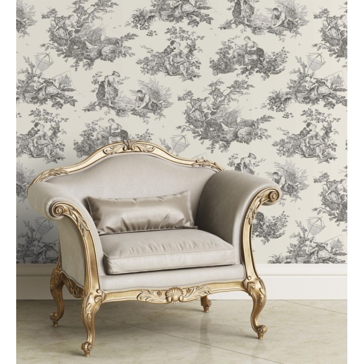 Papel pintado Toile de Jouy gris carbón fondo beige claro estilo francés - Chambord 128339