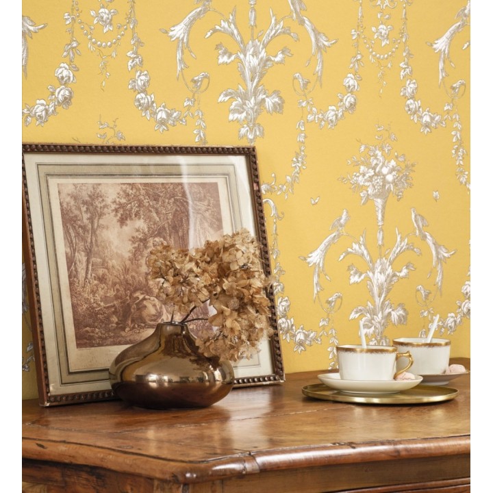 Papel pintado de cadenetas florales fondo mostaza estilo neobarroco - Miracle 128341