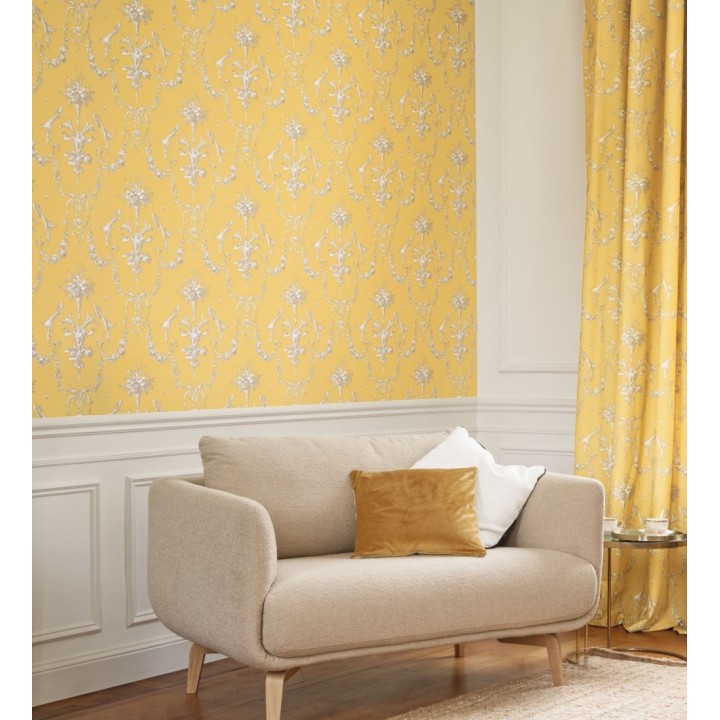 Papel pintado de cadenetas florales fondo mostaza estilo neobarroco - Miracle 128341