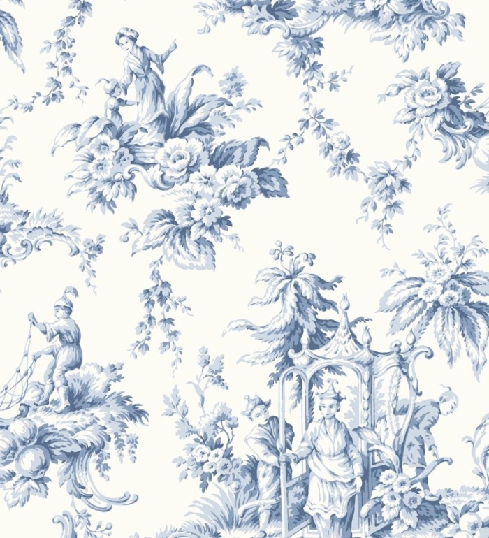 Papel pintado toile de jouy francés azul y blanco estilo oriental - Claudette 128347