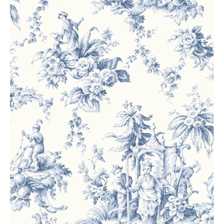 Papel pintado toile de jouy francés azul y blanco estilo oriental - Claudette 128347