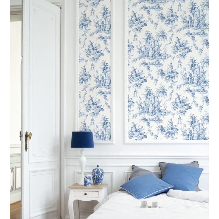 Papel pintado toile de jouy francés azul y blanco estilo oriental - Claudette 128347