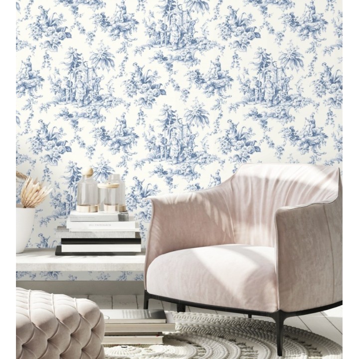 Papel pintado toile de jouy francés azul y blanco estilo oriental - Claudette 128347