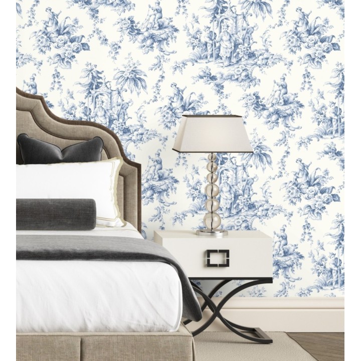 Papel pintado toile de jouy francés azul y blanco estilo oriental - Claudette 128347
