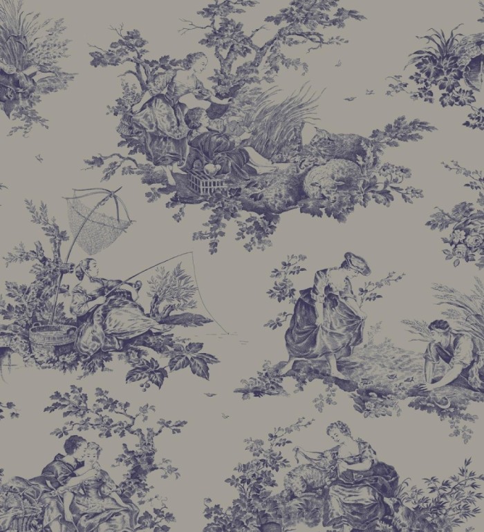 Papel pintado Toile de Jouy azul sobre gris piedra oscuro estilo francés - Chambord 128362