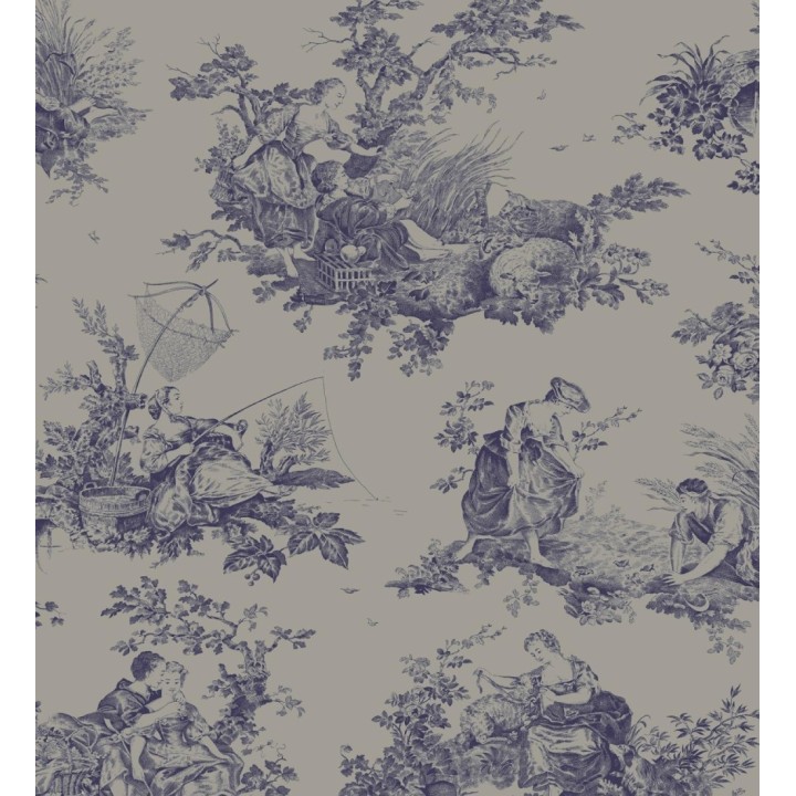 Papel pintado Toile de Jouy azul sobre gris piedra oscuro estilo francés - Chambord 128362