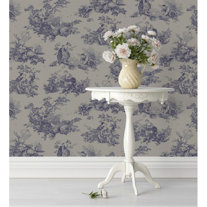 Papel pintado Toile de Jouy azul sobre gris piedra oscuro estilo francés - Chambord 128362