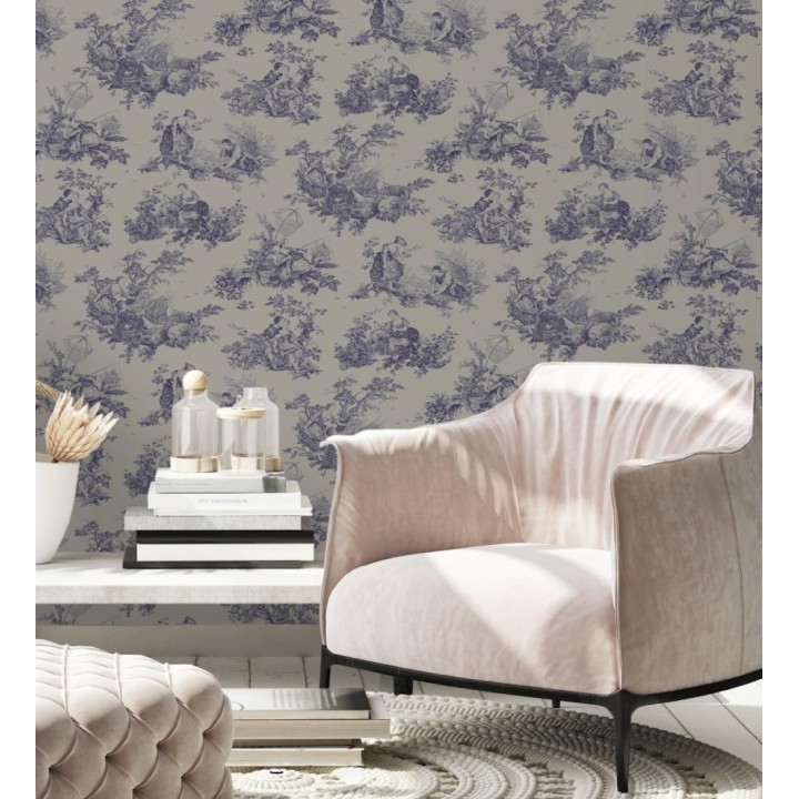 Papel pintado Toile de Jouy azul sobre gris piedra oscuro estilo francés - Chambord 128362