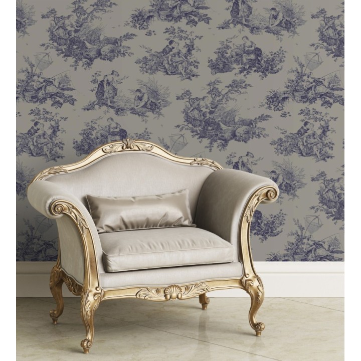 Papel pintado Toile de Jouy azul sobre gris piedra oscuro estilo francés - Chambord 128362