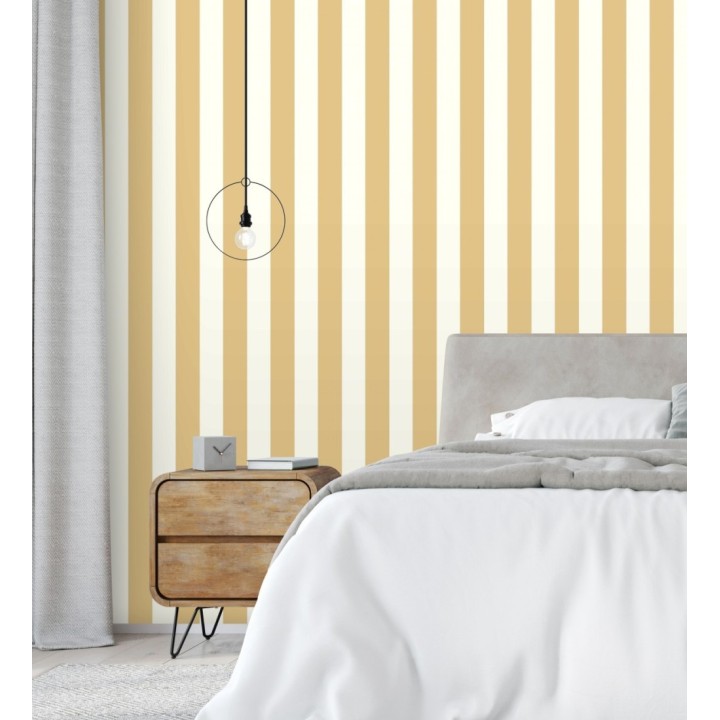 Papel pintado de rayas textura lienzo color mostaza y blanco - Raya Orellana 128372