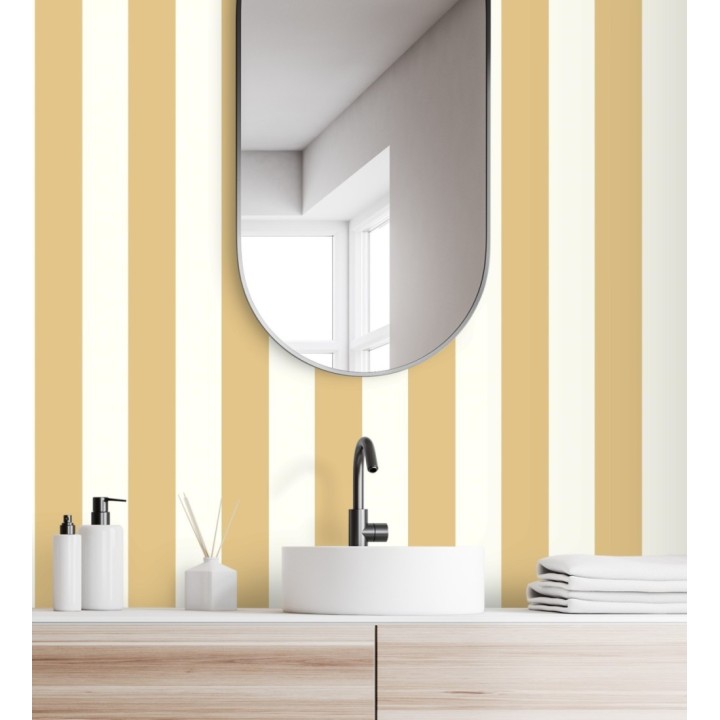 Papel pintado de rayas textura lienzo color mostaza y blanco - Raya Orellana 128372