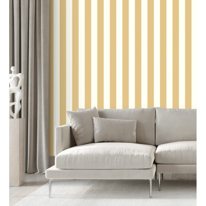 Papel pintado de rayas textura lienzo color mostaza y blanco - Raya Orellana 128372