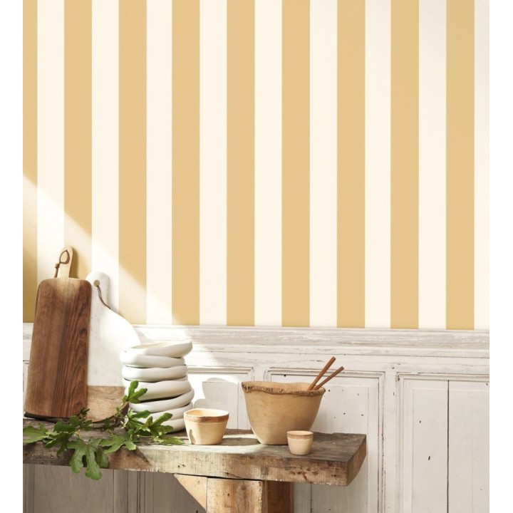 Papel pintado de rayas textura lienzo color mostaza y blanco - Raya Orellana 128372