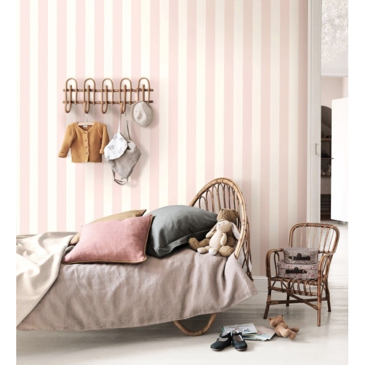 Papel pintado de rayas textura lienzo color rosa y blanco - Raya Orellana 128373