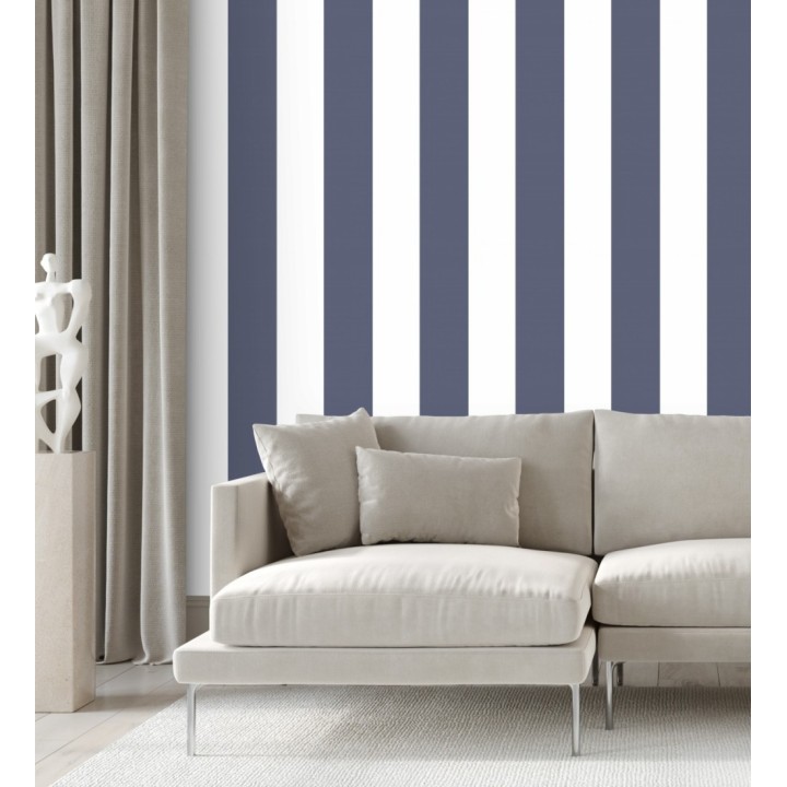 Papel pintado de rayas anchas azul y blanco - Oxford Stripes 128399