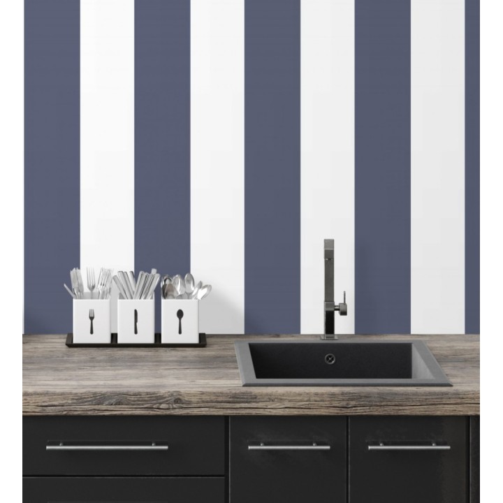 Papel pintado de rayas anchas azul y blanco - Oxford Stripes 128399