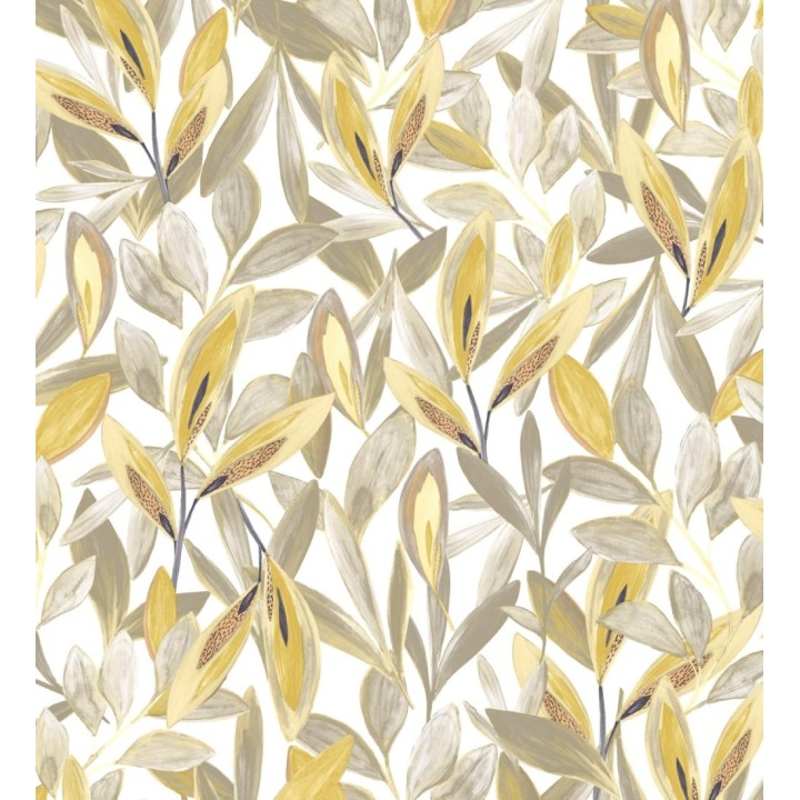 Papel pintado de hojas pequeñas tropicales color mostaza fondo blanco - Haiti 128403