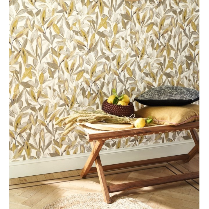 Papel pintado de hojas pequeñas tropicales color mostaza fondo blanco - Haiti 128403