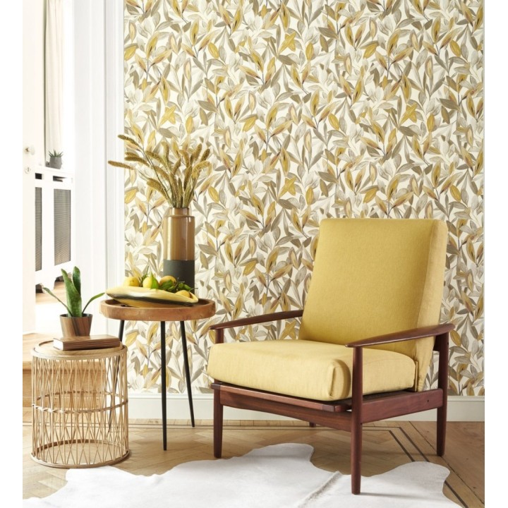 Papel pintado de hojas pequeñas tropicales color mostaza fondo blanco - Haiti 128403