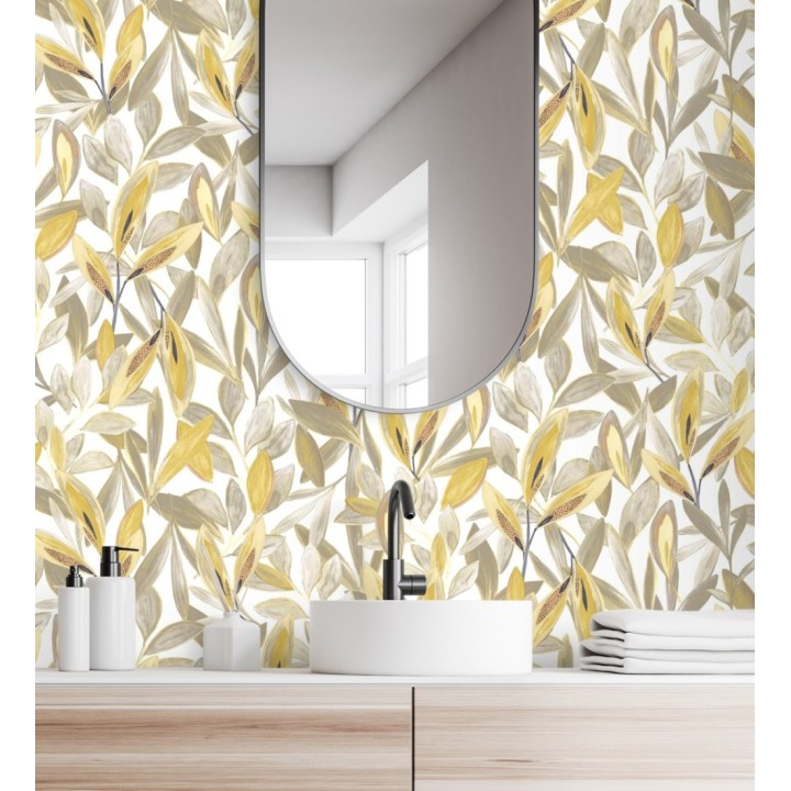 Papel pintado de hojas pequeñas tropicales color mostaza fondo blanco - Haiti 128403