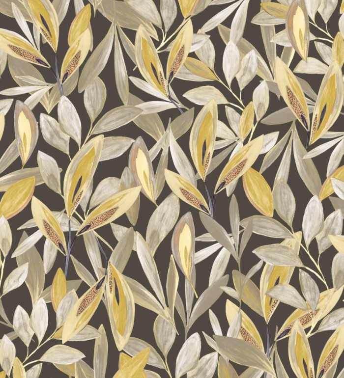 Papel pintado de hojas pequeñas tropicales color mostaza fondo oscuro - Haiti 128404