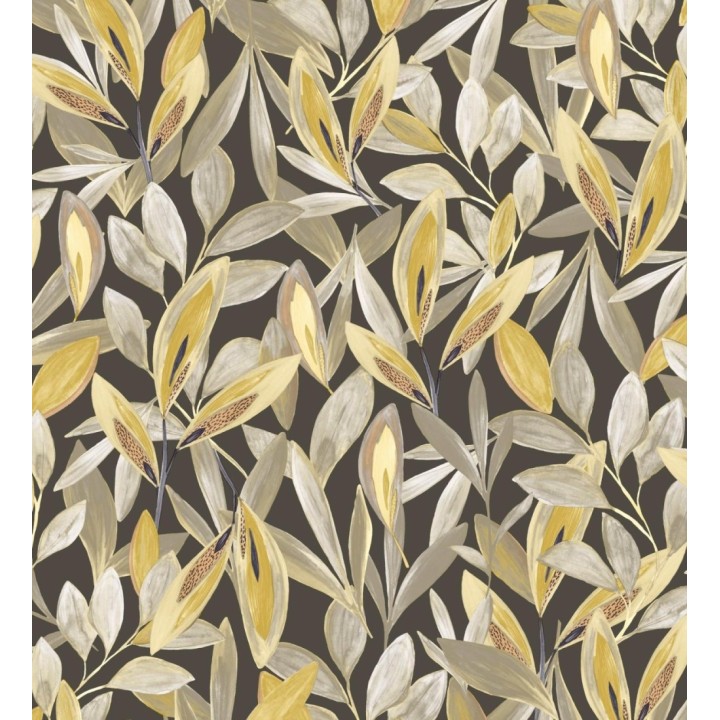Papel pintado de hojas pequeñas tropicales color mostaza fondo oscuro - Haiti 128404